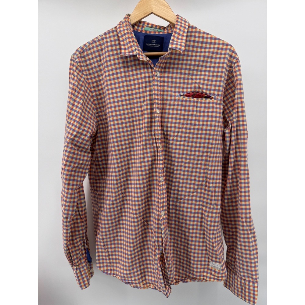 Scotch & Soda Amsterdam Couture  L Gingham Button Down Shirt Orange Blue Vacanza